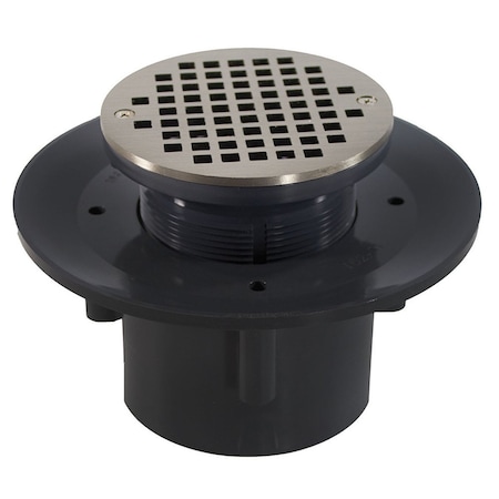 Jones Stephens 2inX3in Heavy Duty PVC Slab Drain Base with 3-1/2in Plastic Spud and 5in Nickel Bronze Strainer D49329